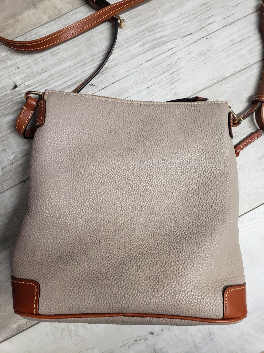 Dooney & Bourke Pebbled Leather Crossbody in Taupe with Brown Strap - Picture 6 of 15